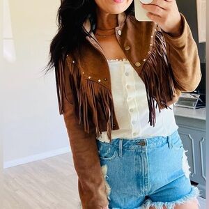 Cropped Fringe Studded Faux Suede Western Jacket Women’s Size Small 4-6 Brown